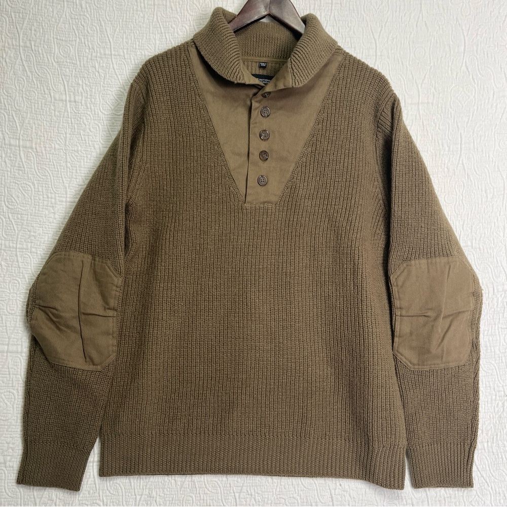 National Geographic 100 Wool Sweater Mens Med Shawl Collar Ribbed Elbow Patches